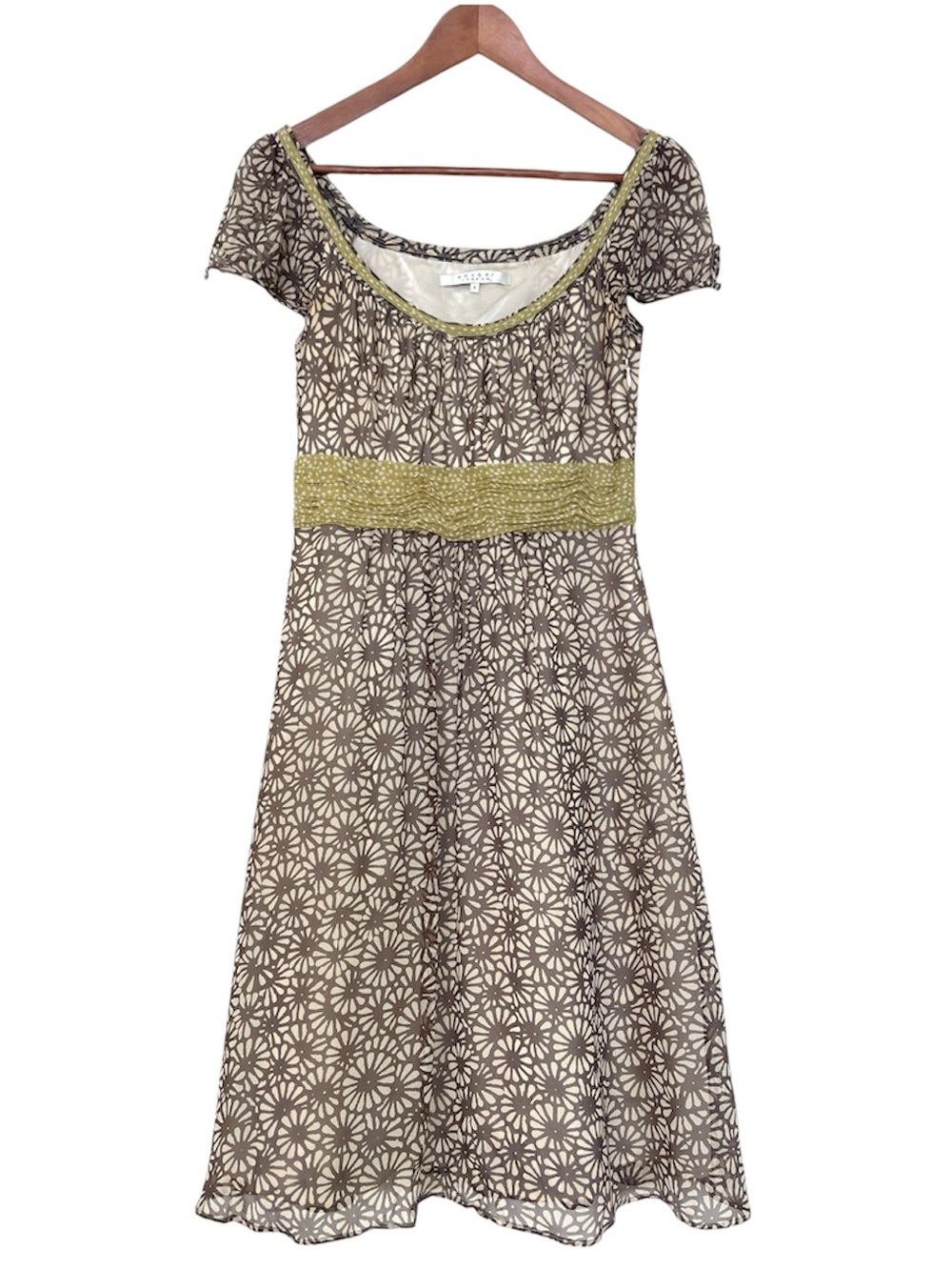 Nougat London 100% Silk Floral Midi Dress Empire Waist Brown Cream Fairycore